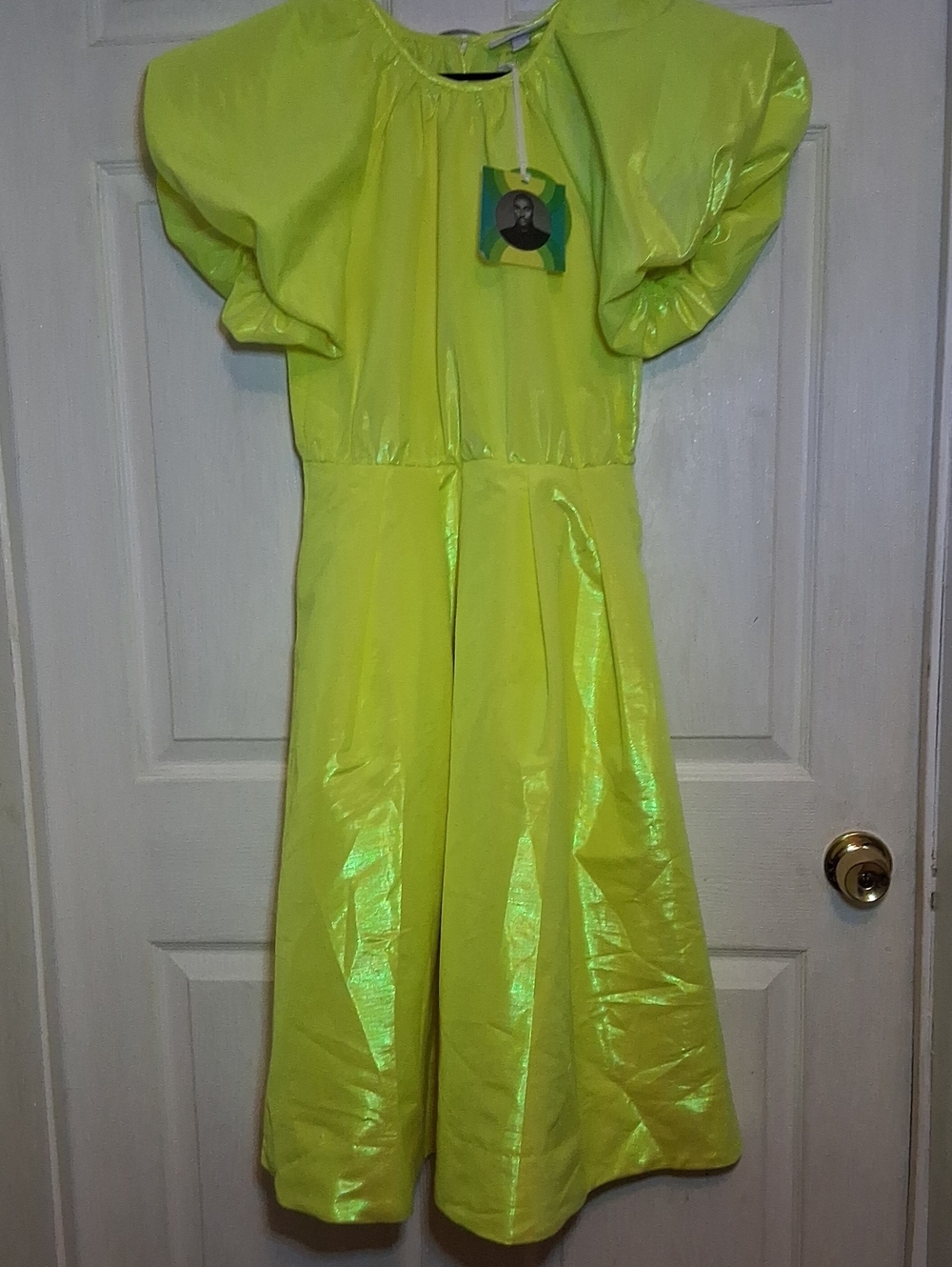 Christopher John Rogers Neon Yellow Shiny Puff Sleeve Dress